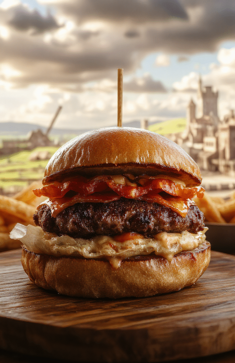 A massive, towering burger resembling the Colossal Titan from Attack on Titan, with marbled beef patty, vibrant lettuce, bright tomato slices, melted cheese, and sesame seed bun, all styled to look fierce and imposing on a rustic wooden platter, with a backdrop reminiscent of anime battles.