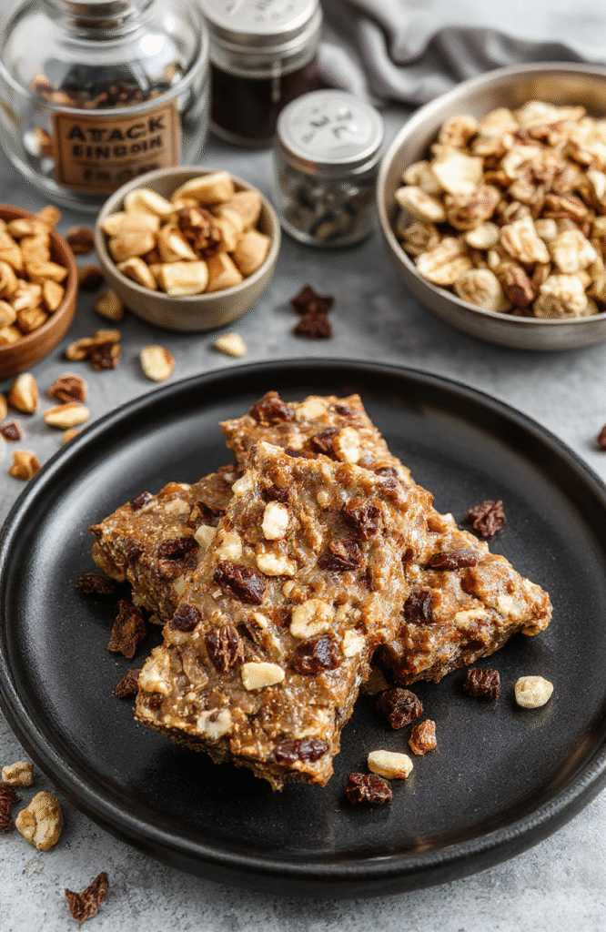 Colorful homemade energy bars arranged on a sleek black plate with intricate Titan insignia, textured with nuts and dried fruits, styled with metallic-themed elements in the background, emphasizing a futuristic, anime-inspired aesthetic.