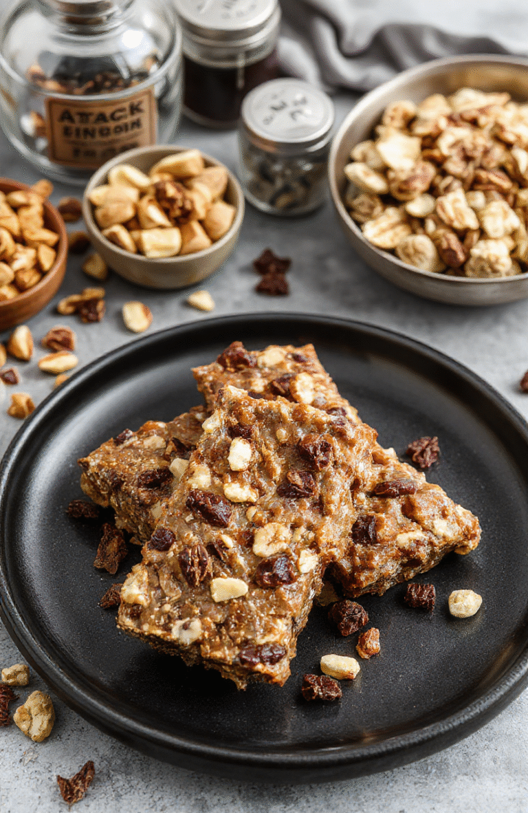 Colorful homemade energy bars arranged on a sleek black plate with intricate Titan insignia, textured with nuts and dried fruits, styled with metallic-themed elements in the background, emphasizing a futuristic, anime-inspired aesthetic.