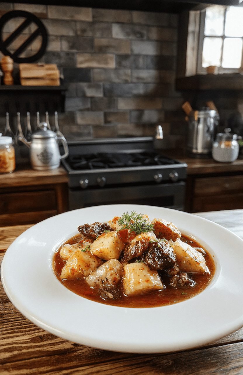 A steaming bowl of hearty stew filled with chunks of beef, carrots, potatoes, and green beans, topped with fresh herbs, served in a rustic bowl on a wooden table, with a backdrop inspired by the Attack on Titan universe featuring survey corps insignia and parchment-themed decor.