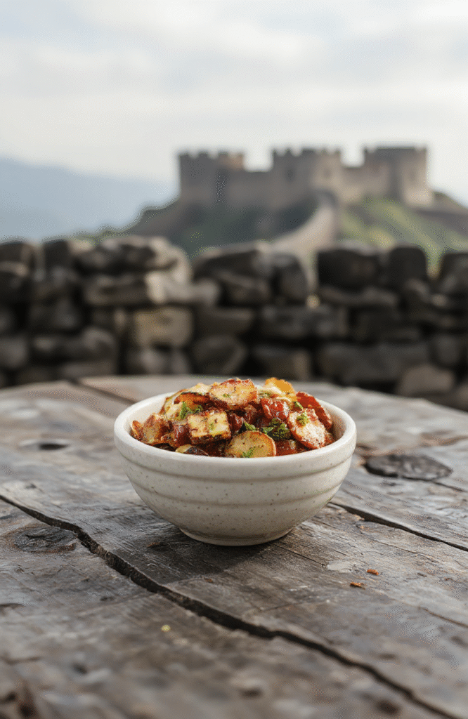 Steaming bowl of deep red Titan Roar Chili brimming with tender chunks of beef, red kidney beans, and black beans in a thick spicy tomato broth, topped with melted shredded cheddar cheese, fresh diced white onions, sliced jalapeños, and a swirl of sour cream, rustic ceramic bowl on weathered wood, vibrant colors, glossy textures, appetizing rising steam.