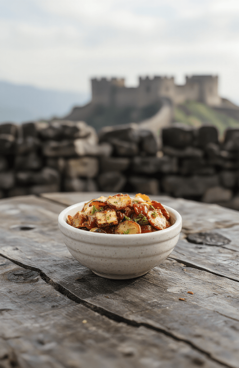 Steaming bowl of deep red Titan Roar Chili brimming with tender chunks of beef, red kidney beans, and black beans in a thick spicy tomato broth, topped with melted shredded cheddar cheese, fresh diced white onions, sliced jalapeños, and a swirl of sour cream, rustic ceramic bowl on weathered wood, vibrant colors, glossy textures, appetizing rising steam.