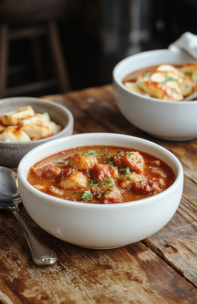 A hearty bowl of authentic German goulash featuring tender chunks of beef, vibrant paprika-colored sauce, and garnished with fresh herbs. The dish is plated on a rustic wooden table with side elements like crusty bread and fresh vegetables, showcasing rich textures and warm tones perfect for a comforting meal.