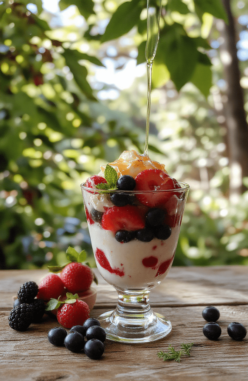 A vibrant Bambi Gentle Dawn Parfait layered in a clear glass with fresh strawberries, blueberries, and creamy yogurt, topped with honey drizzle, served on a rustic wooden table with soft morning sunlight illuminating the scene.