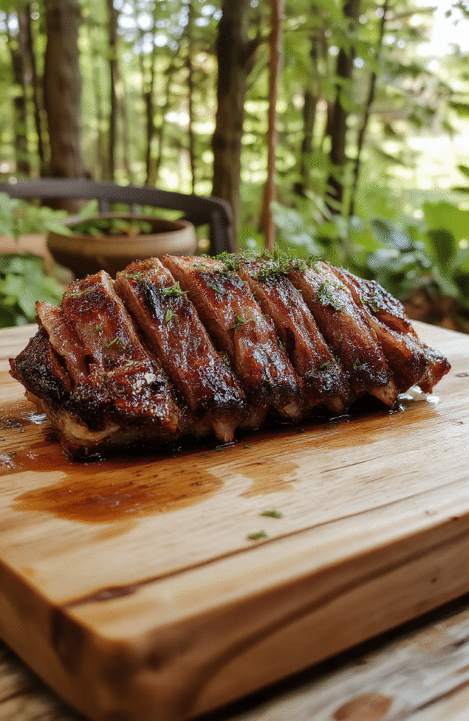 A beautifully plated deer roast with golden-brown crispy skin, surrounded by fresh greenery and woodland-inspired garnishes, set on rustic wooden table with dappled sunlight creating soft shadows.
