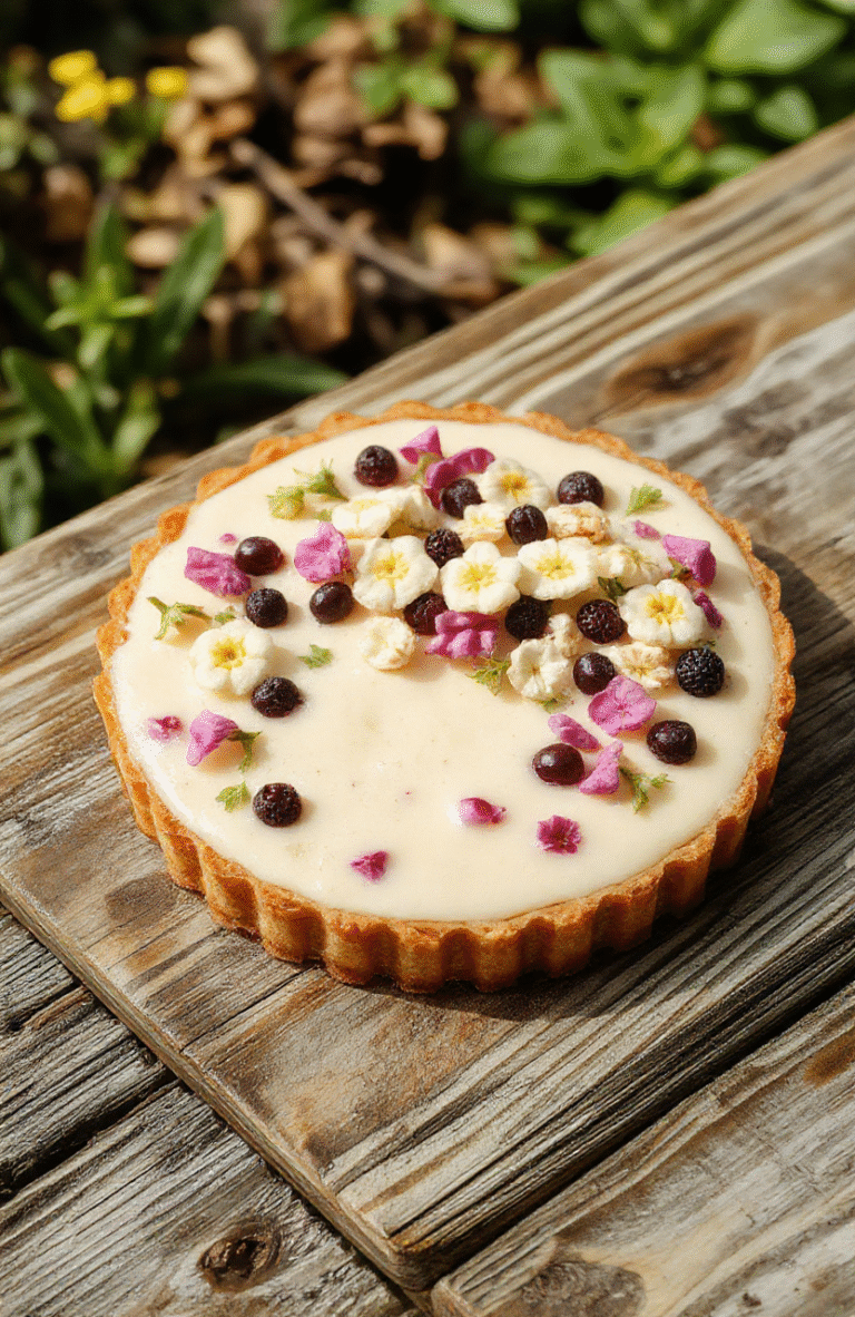 A vibrant Bambi Spring Blossom Tart featuring a flaky golden crust filled with smooth pastel-colored cream and topped with delicate edible floral decorations, arranged beautifully on a white plate with soft natural lighting highlighting the textures.