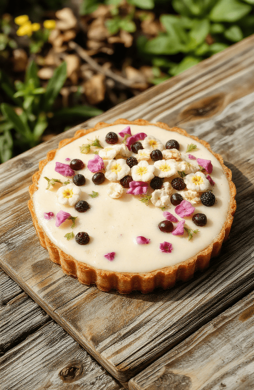 A vibrant Bambi Spring Blossom Tart featuring a flaky golden crust filled with smooth pastel-colored cream and topped with delicate edible floral decorations, arranged beautifully on a white plate with soft natural lighting highlighting the textures.