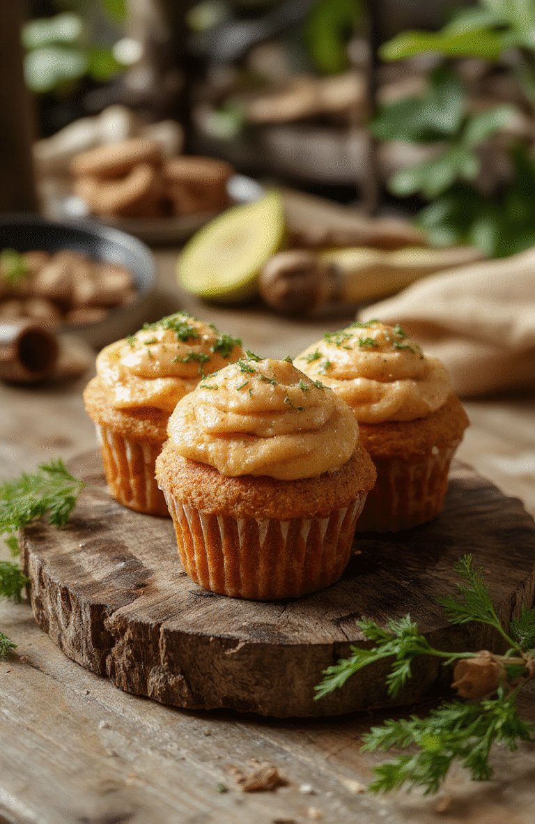 Colorful carrot cupcakes topped with swirls of orange and green icing, decorated with small fondant bunny ears and carrot accents, arranged on a rustic wooden platter with a soft-focus background.