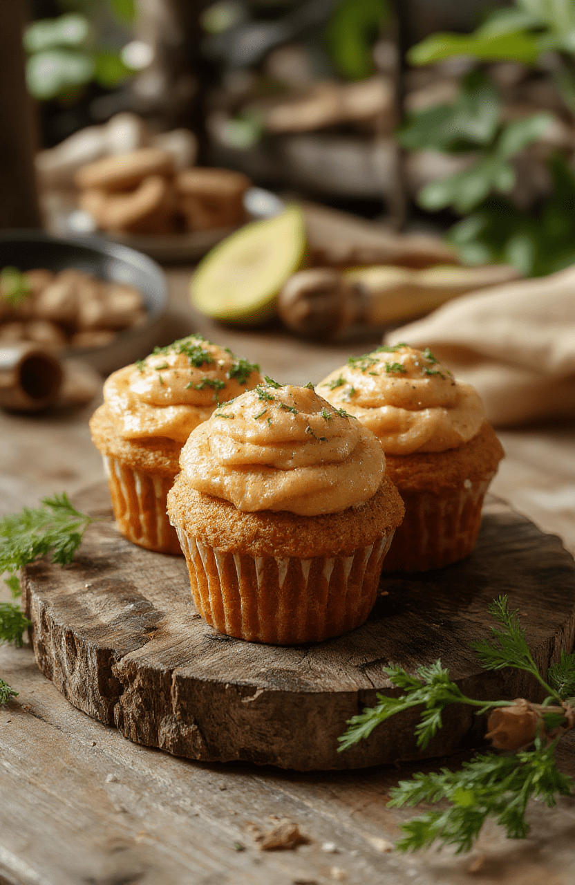 Colorful carrot cupcakes topped with swirls of orange and green icing, decorated with small fondant bunny ears and carrot accents, arranged on a rustic wooden platter with a soft-focus background.