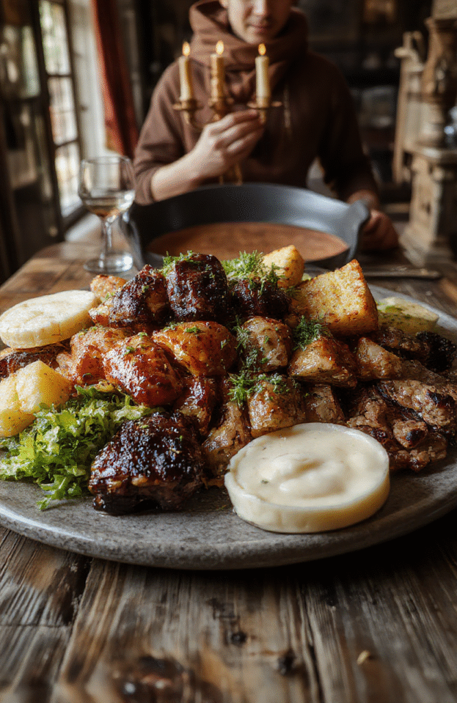 A colorful, elaborate Beast’s Feast Platter featuring roasted meats, vibrant vegetables, and decorative garnishes on an ornate rustic wooden table, styled with medieval-inspired props and warm lighting.