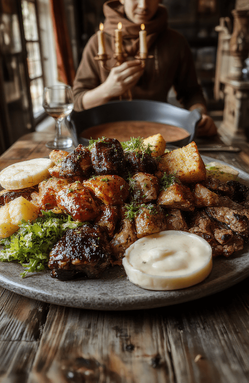 A colorful, elaborate Beast’s Feast Platter featuring roasted meats, vibrant vegetables, and decorative garnishes on an ornate rustic wooden table, styled with medieval-inspired props and warm lighting.
