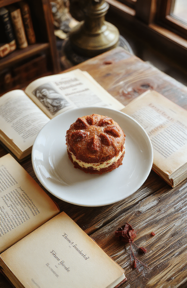 A delicate slice of Belle’s Bookish Tea Cake on a vintage porcelain plate, topped with a dusting of powdered sugar, surrounded by open classic books, warm ambient lighting highlighting its golden crust and soft interior, styled in a cozy, literary café setting.