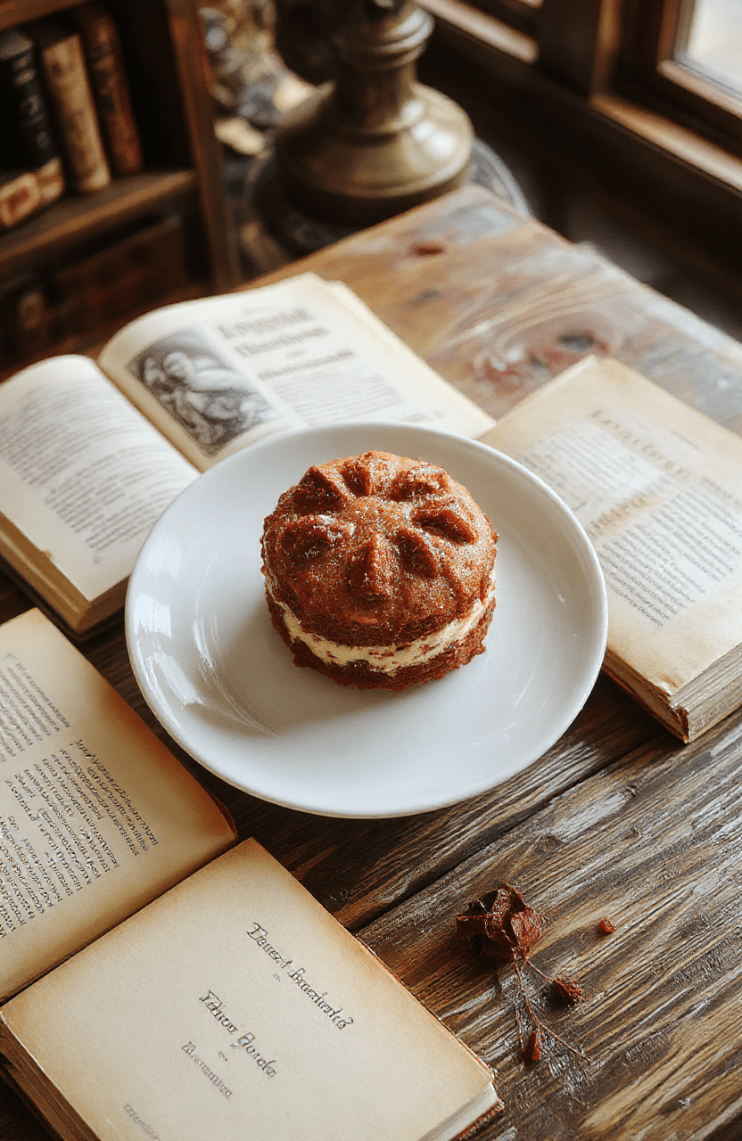A delicate slice of Belle’s Bookish Tea Cake on a vintage porcelain plate, topped with a dusting of powdered sugar, surrounded by open classic books, warm ambient lighting highlighting its golden crust and soft interior, styled in a cozy, literary café setting.