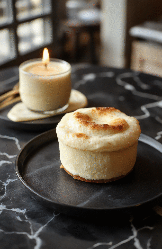A delicate golden-brown soufflé in a charming ramekin topped with a softly glowing caramelized sugar crust, surrounded by flickering candlelight reflections, elegantly plated on a fine white dish with subtle floral accents, set against a dark, elegant velvet background with hints of candle flames adding a warm ambiance.