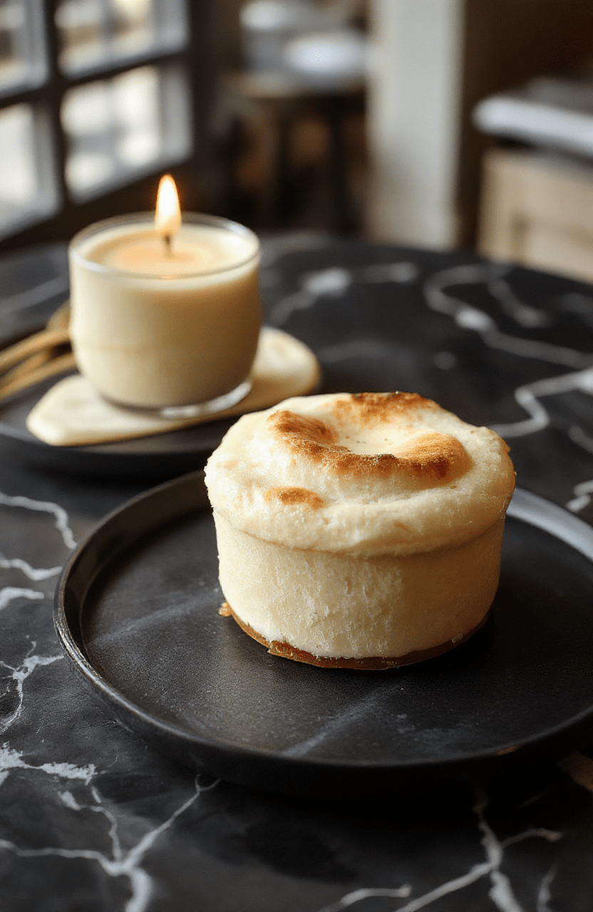 A delicate golden-brown soufflé in a charming ramekin topped with a softly glowing caramelized sugar crust, surrounded by flickering candlelight reflections, elegantly plated on a fine white dish with subtle floral accents, set against a dark, elegant velvet background with hints of candle flames adding a warm ambiance.