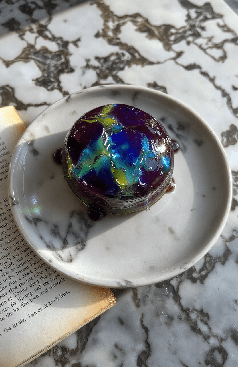 Vibrant stained glass jelly with intricate geometric patterns, bright jewel tones on a elegant white plate, garnished with edible flowers and fine silver drizzle, styled with soft natural light and a blurred vintage kitchen background.