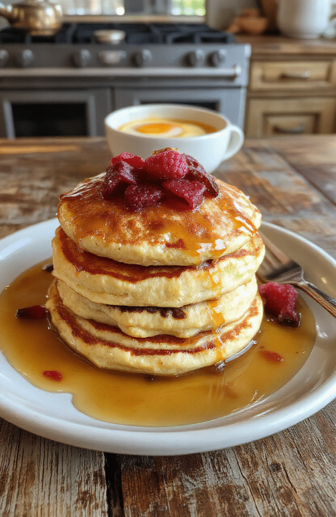 A stack of beautifully fluffy pancakes topped with fresh berries, a drizzle of syrup, and edible flowers, garnished with powdered sugar on a rustic wooden plate