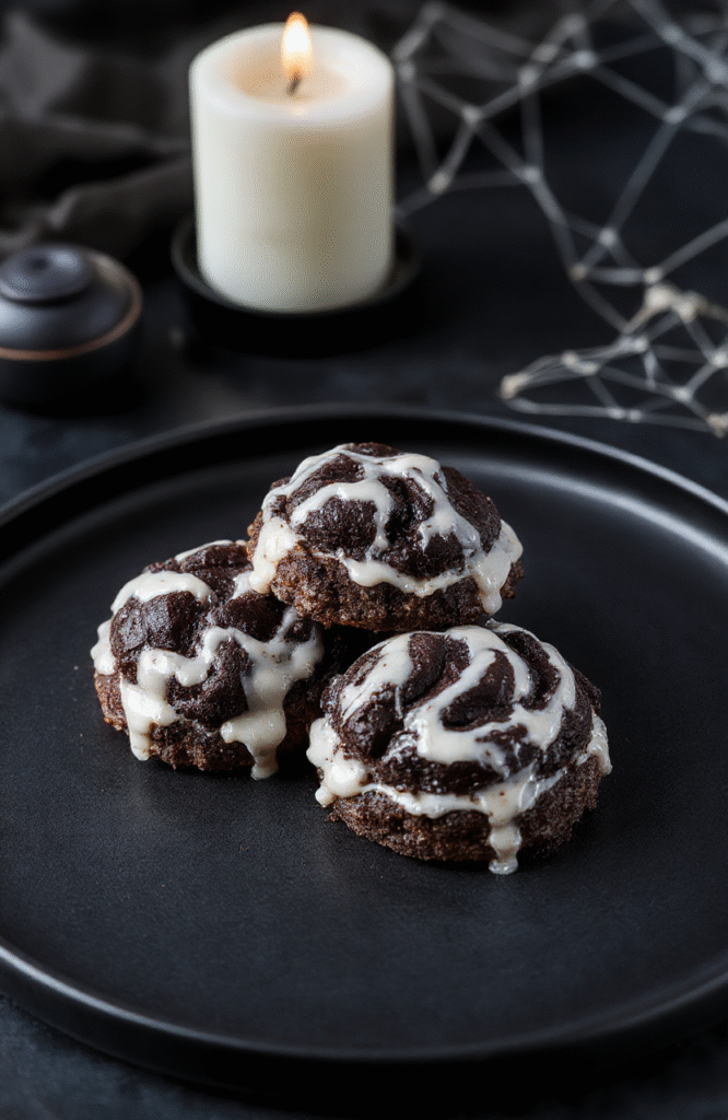 A colorful black and white striped lava cake on a dark matte plate, garnished with a swirl of white icing and black edible glitter, set against a spooky Gothic backdrop with dim candlelight and cobwebs