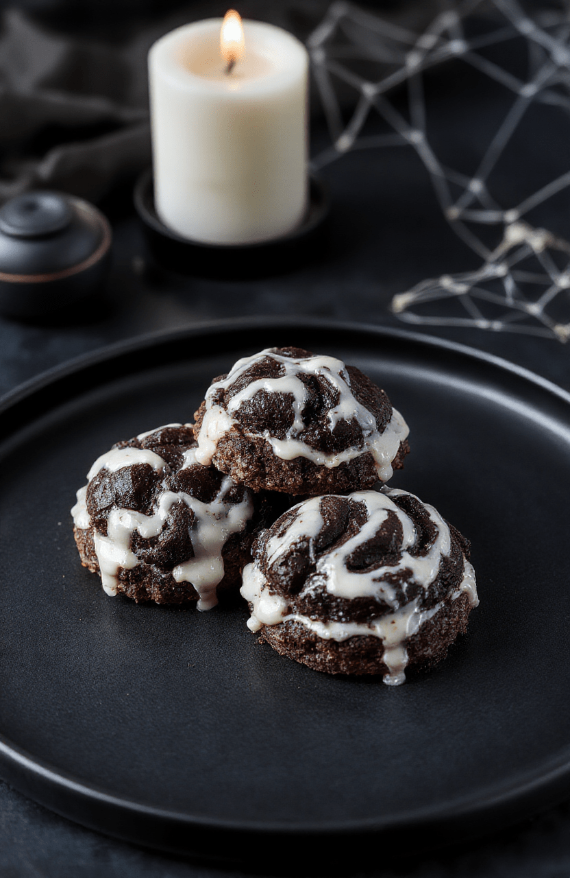 A colorful black and white striped lava cake on a dark matte plate, garnished with a swirl of white icing and black edible glitter, set against a spooky Gothic backdrop with dim candlelight and cobwebs
