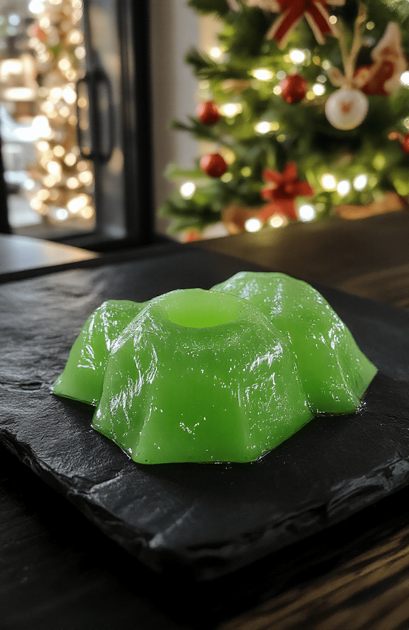 Vibrant Christmas glow jelly served in a clear glass bowl, glowing with green, red, and blue hues, topped with edible glitter and miniature candy canes, capturing a festive holiday atmosphere, styled on a sleek black plate with a softly blurred Christmas tree in the background.