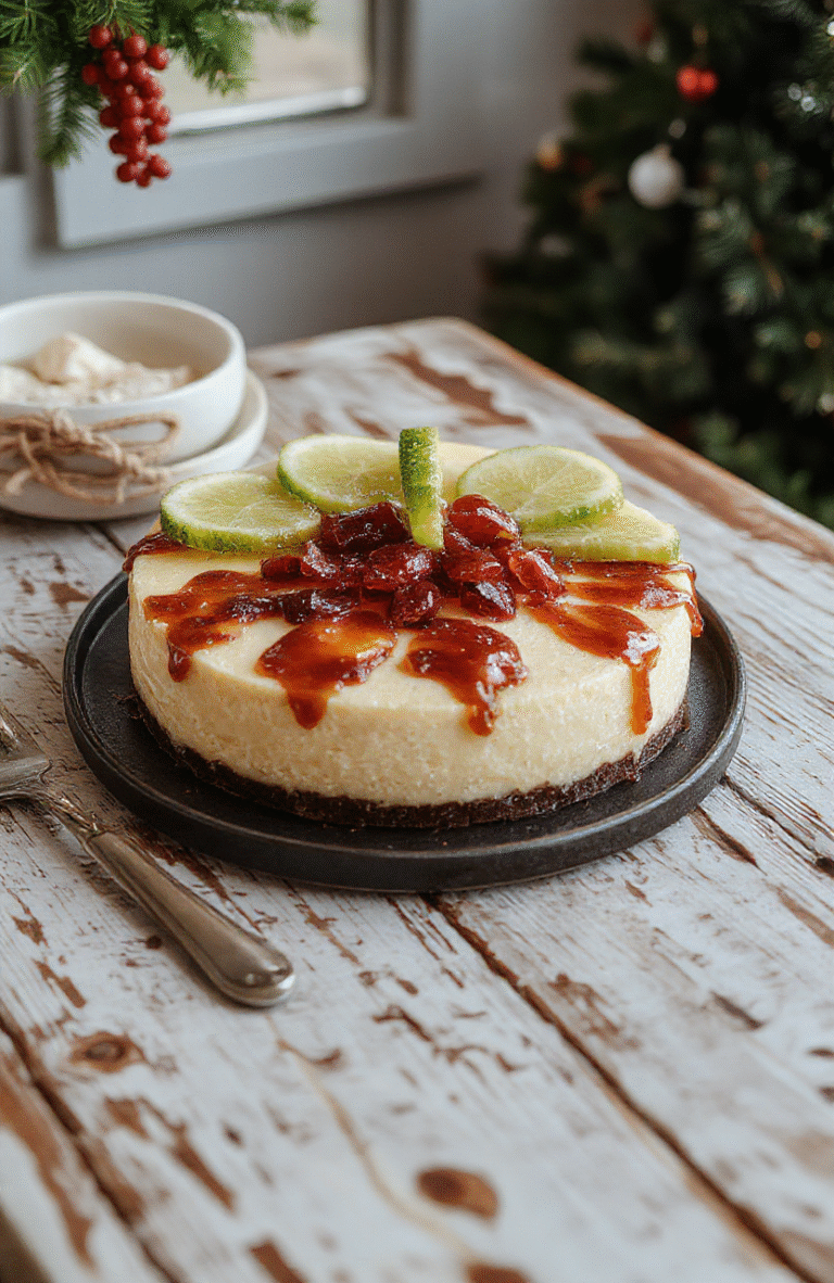A vibrant slice of lime cheesecake with a smooth, creamy texture topped with freshly sliced lime wedges and a sprig of mint, plated on a rustic wooden board with a colorful holiday table setting in the background.