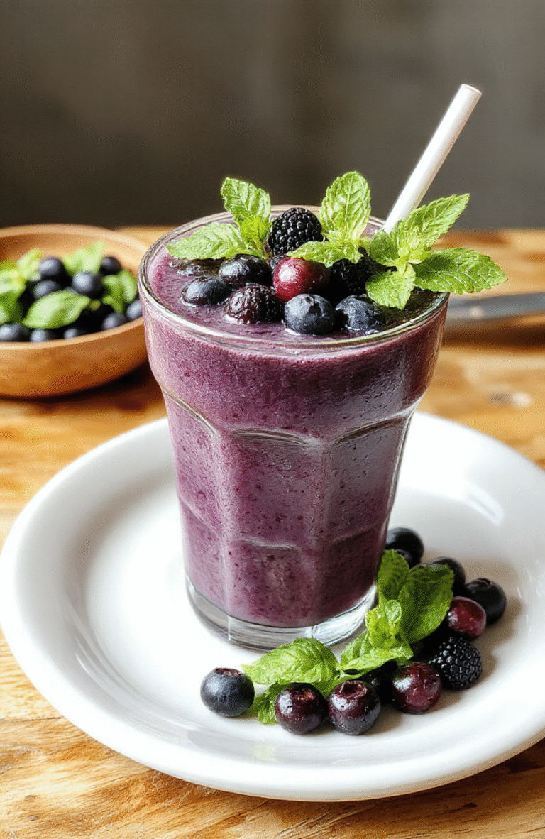 A vibrant blue blueberry smoothie in a clear glass, topped with fresh blueberries and a sprig of mint, set on a natural wooden table with scattered blueberries around, styled with a minimalist aesthetic and soft natural lighting.