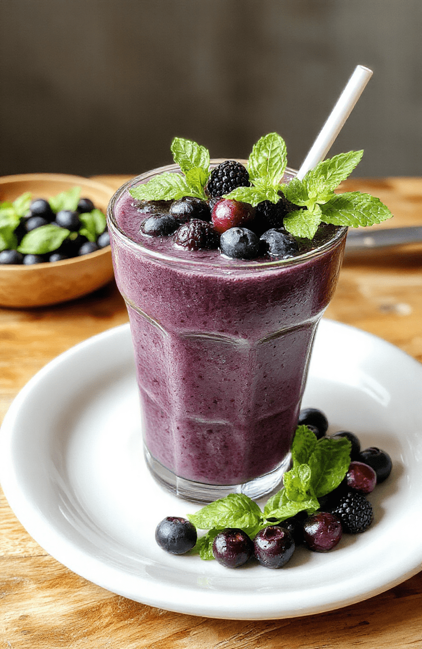 A vibrant blue blueberry smoothie in a clear glass, topped with fresh blueberries and a sprig of mint, set on a natural wooden table with scattered blueberries around, styled with a minimalist aesthetic and soft natural lighting.