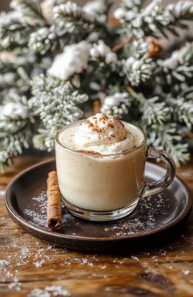 A creamy vanilla latte topped with snow-like whipped cream and sprinkled with cinnamon, served in a clear glass mug on a rustic wooden table with snow-flocked pine branches in the background.