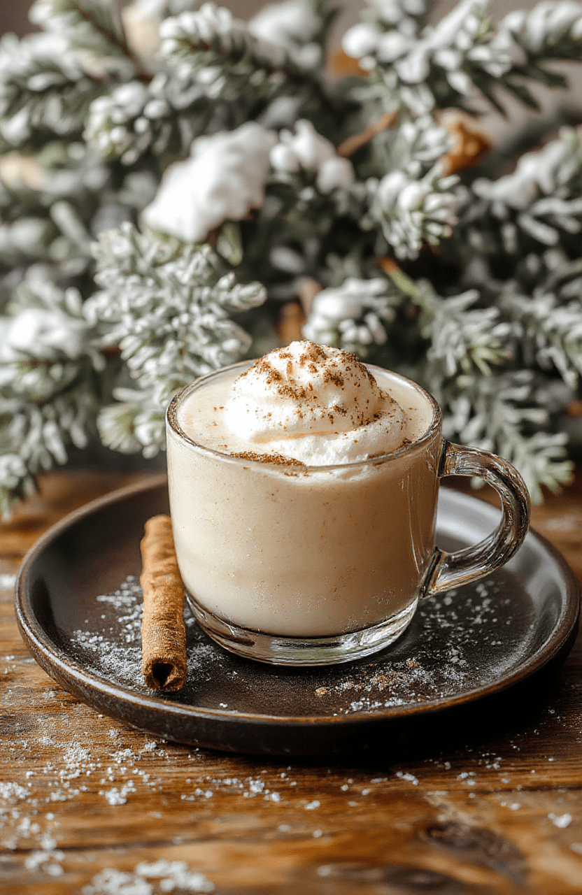 A creamy vanilla latte topped with snow-like whipped cream and sprinkled with cinnamon, served in a clear glass mug on a rustic wooden table with snow-flocked pine branches in the background.