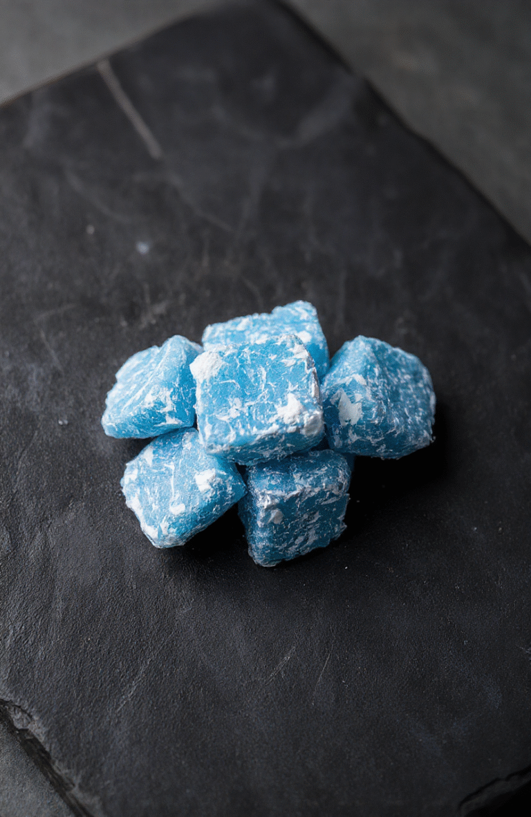 Close-up of vibrant blue rock candy resembling crystalline meth on a clear glass surface, glistening and textured, with a dark background for contrast, styled to mimic cinematic crystal formations.