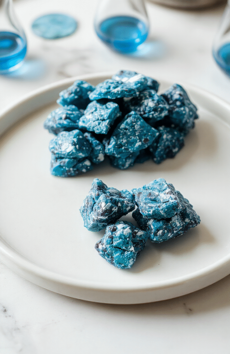 Close-up of vibrant blue rock candy clusters arranged on a white plate, with crystalline textures and glossy shine, styled with a Breaking Bad theme, featuring blue hues and a lab-inspired background.