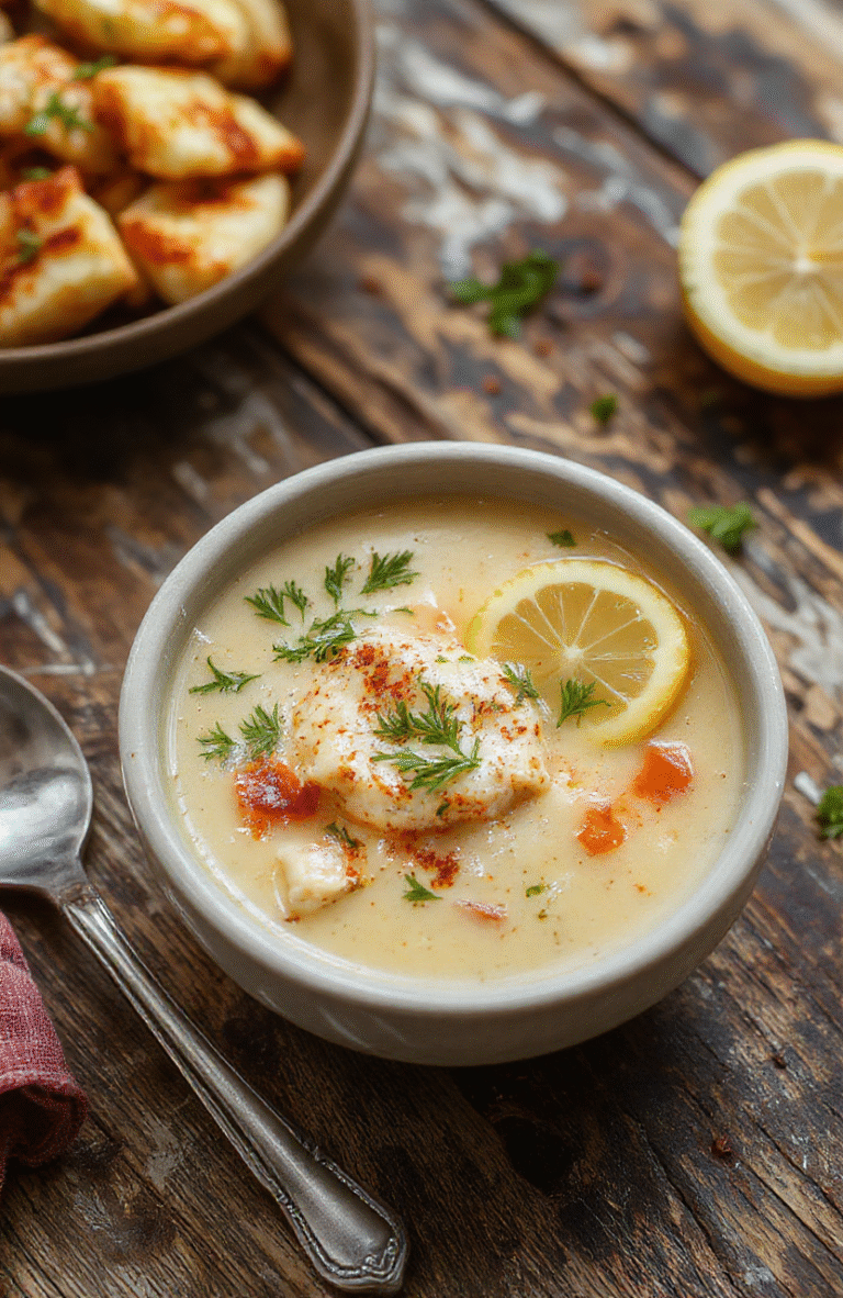 A vibrant bowl of Greek lemon chicken soup with shredded chicken, lemon slices, fresh herbs, and silky broth, garnished with parsley on a rustic wooden table with a lemon wedge nearby.