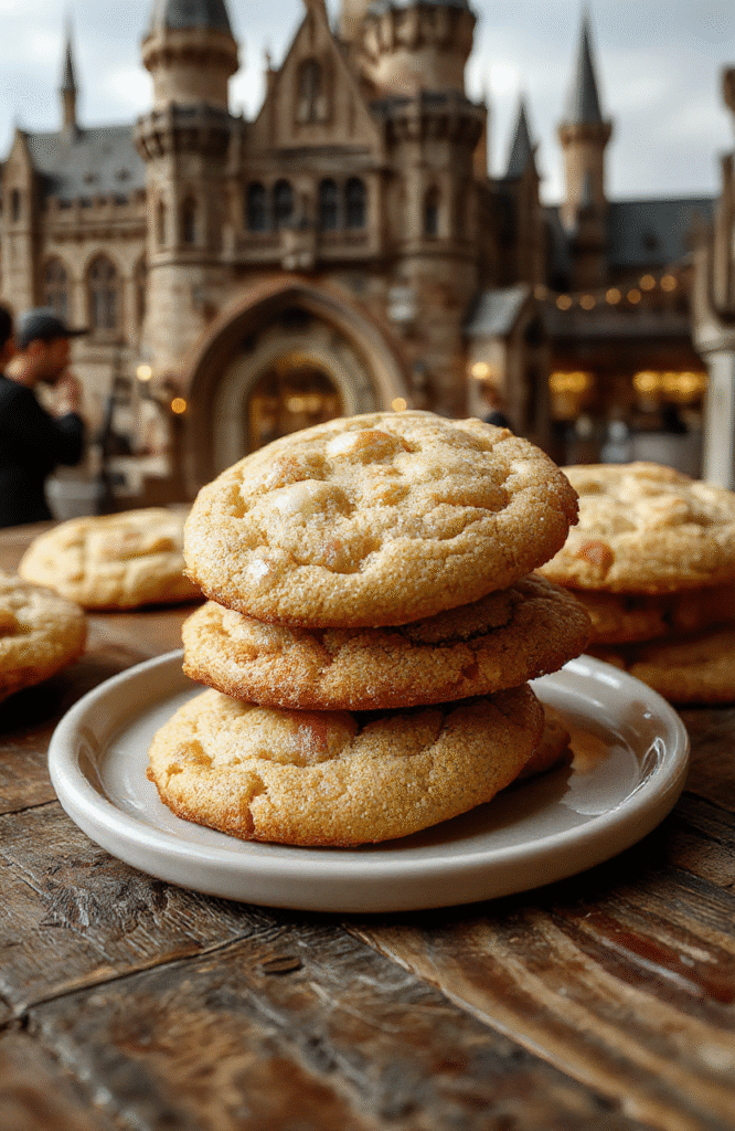 A plate of golden-brown Gryffindor Butterbeer Cookies drizzled with shiny butterscotch glaze, arranged on a rustic wooden surface with a Hogwarts-themed backdrop, showcasing their crispy edges and smooth glossy coating.