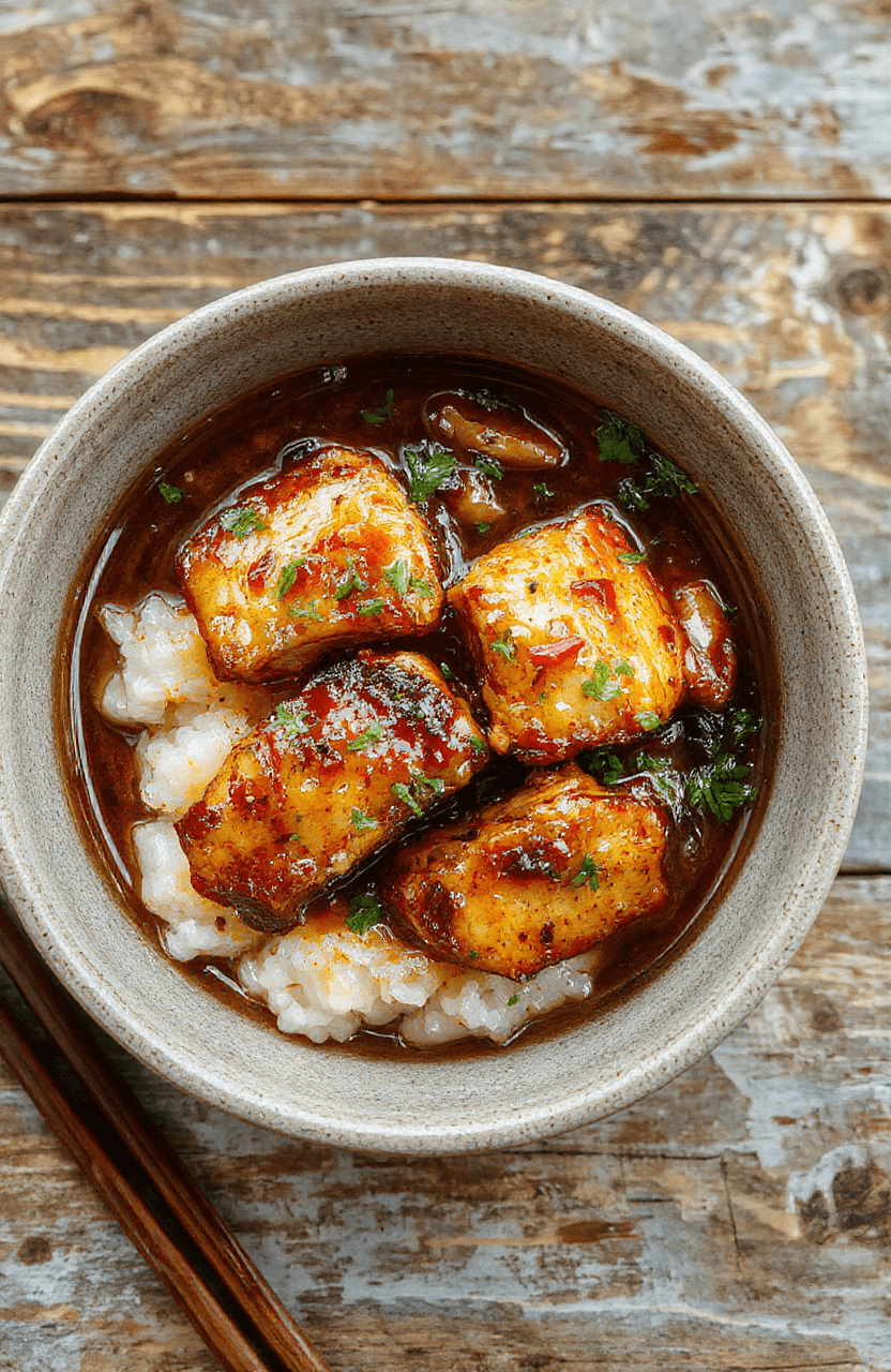 A beautifully plated dish of caramelised soy chicken glazed to perfection, served in a clear garlic ginger broth with steam rising, garnished with fresh herbs, on a rustic wooden table with rice on the side, vibrant colors, inviting presentation.