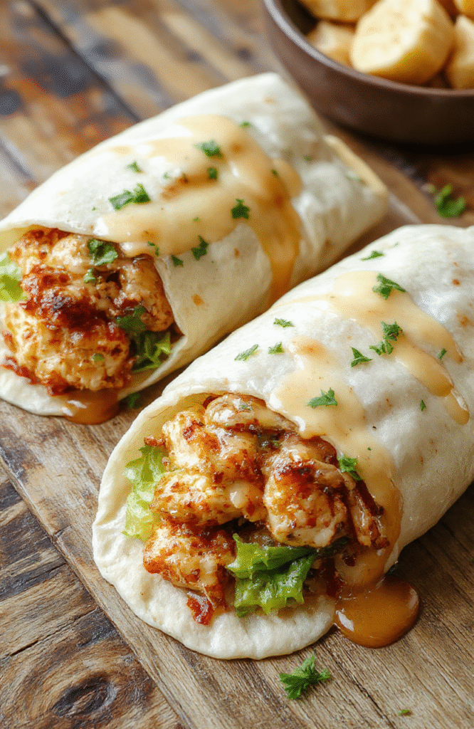 A vibrant, golden-brown chicken wrap generously filled with melted cheese, fresh garlic, and herbs, sliced diagonally to reveal gooey, cheesy filling, arranged on a rustic wooden plate with a sprig of parsley, showcasing textures of crispy chicken and warm wrap, styled for an inviting, homely look.