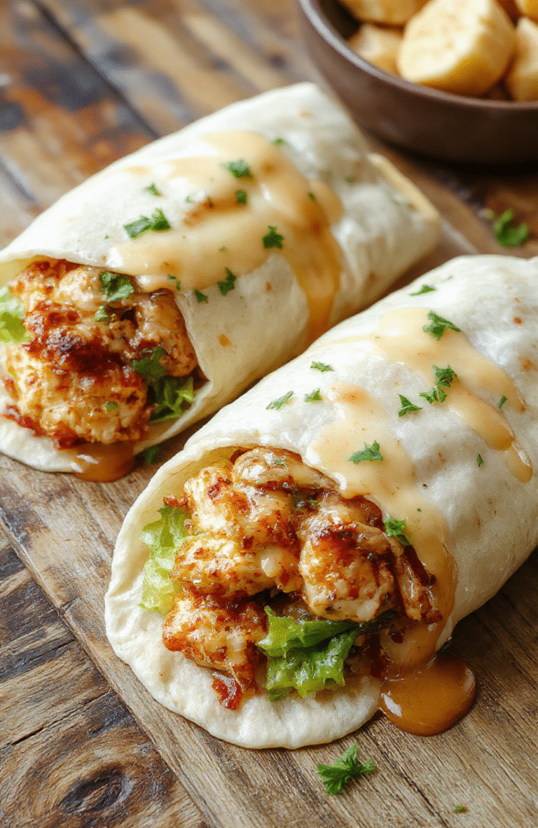 A vibrant, golden-brown chicken wrap generously filled with melted cheese, fresh garlic, and herbs, sliced diagonally to reveal gooey, cheesy filling, arranged on a rustic wooden plate with a sprig of parsley, showcasing textures of crispy chicken and warm wrap, styled for an inviting, homely look.