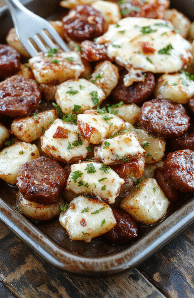 Colorful rustic plate featuring golden roasted potatoes topped with melty cheese, slices of smoked sausage, fresh green herbs, and drizzled ranch dressing, styled simply with a natural, inviting look, capturing textures of crispy edges and creamy cheese, perfect for a casual dinner setting.