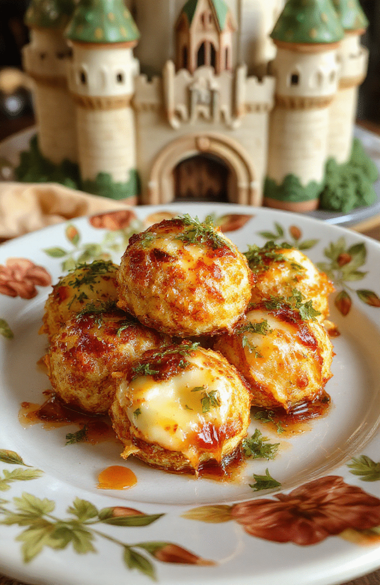 A vibrant plate of golden, crispy Cinderella Gus Gus Cheese Bites arranged artfully on a whimsical Disney-themed plate, garnished with fresh herbs, with a soft focus background showing fairy tale decor.