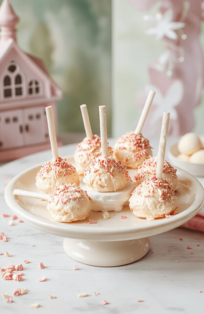 Vibrant Cinderella Magic Wand Cake Pops with shimmering rainbow sprinkles and colorful swirls, decorated like magical wands on a white platter, pastel background, whimsical and enchanting style.
