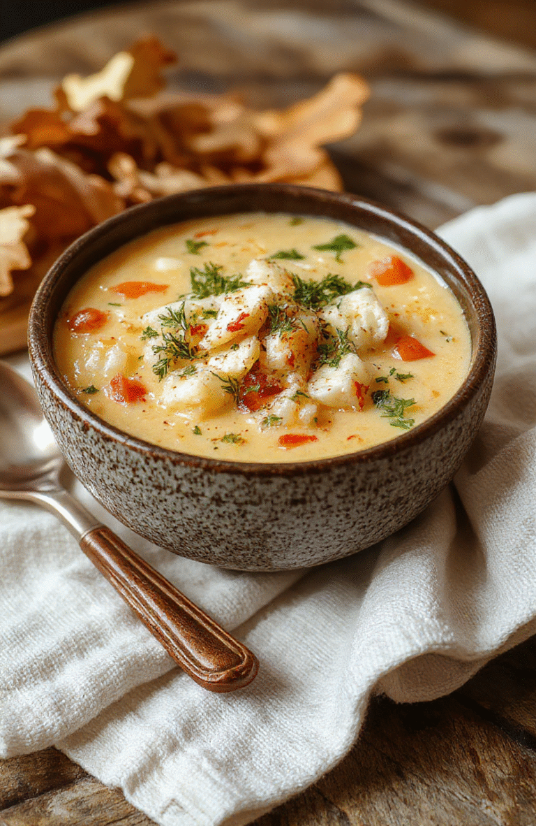 A warm bowl of wild rice soup topped with fresh herbs and a sprinkle of cheese, set on a rustic wooden table with autumn leaves in the background, highlighting the creamy texture and hearty ingredients in natural lighting.