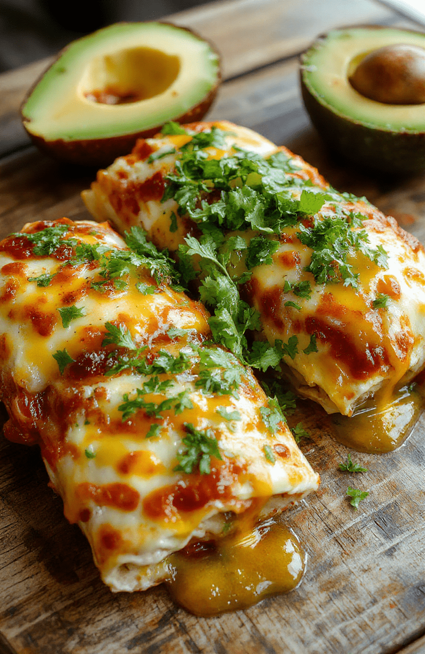 Colorful breakfast enchiladas plated on a rustic wooden table, topped with melted cheese, fresh cilantro, and sliced avocado. The dish features rolled tortillas filled with eggs, vegetables, and cheese, with a vibrant sauce drizzled on top, creating an inviting and cozy morning scene.