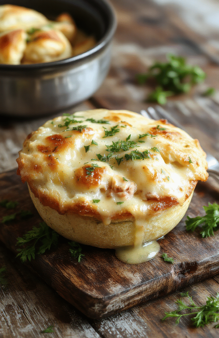 A warm, golden-brown chicken pot pie served in a rustic white bowl with a flaky crust, filled with creamy chicken and vegetables, garnished with fresh herbs, styled on a wooden board with a side of green garnish, natural light highlighting the textures and inviting appearance.