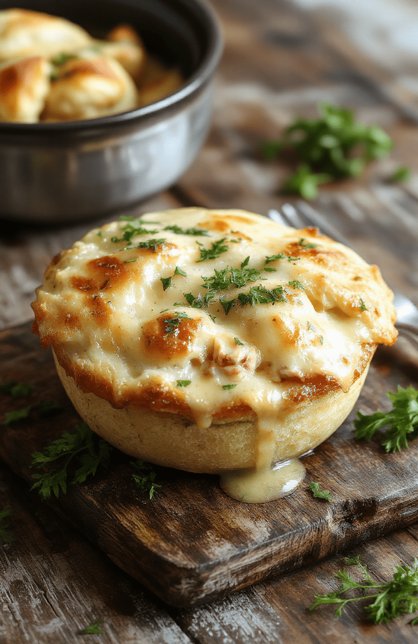 A warm, golden-brown chicken pot pie served in a rustic white bowl with a flaky crust, filled with creamy chicken and vegetables, garnished with fresh herbs, styled on a wooden board with a side of green garnish, natural light highlighting the textures and inviting appearance.