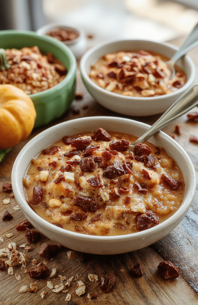 A warm, inviting bowl of pumpkin baked oatmeal topped with whipped cream and cinnamon, surrounded by slices of fresh pumpkin and autumn leaves, with a rustic wooden table background, conveying comfort and seasonal charm.