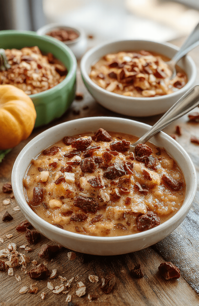 A warm, inviting bowl of pumpkin baked oatmeal topped with whipped cream and cinnamon, surrounded by slices of fresh pumpkin and autumn leaves, with a rustic wooden table background, conveying comfort and seasonal charm.