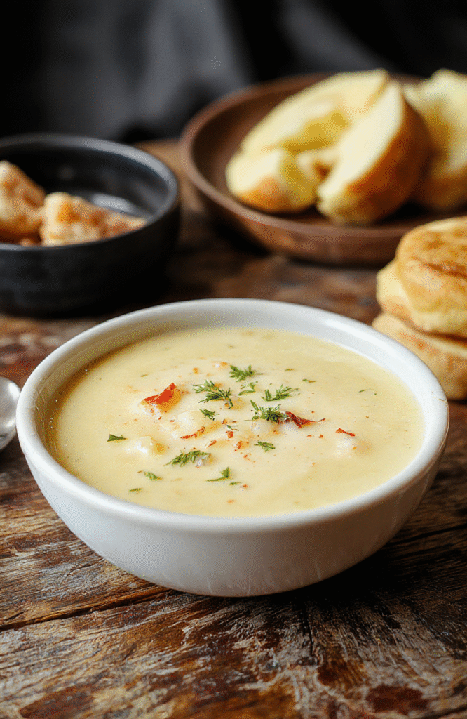 A steaming bowl of French onion soup topped with melted cheese and toasted baguette slices, garnished with fresh thyme on a rustic wooden table, with caramelized onions and bubbling cheese visible, styled simply with natural light highlighting the rich colors and textures.