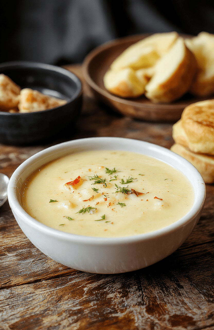 A steaming bowl of French onion soup topped with melted cheese and toasted baguette slices, garnished with fresh thyme on a rustic wooden table, with caramelized onions and bubbling cheese visible, styled simply with natural light highlighting the rich colors and textures.