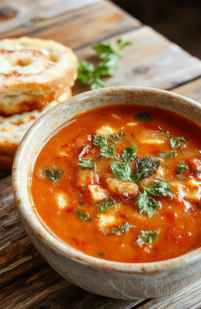 A vibrant red bowl filled with steaming roasted tomato basil soup garnished with fresh basil leaves, served on a rustic wooden table. The soup has a smooth, velvety texture with visible roasted tomato chunks, and a drizzle of olive oil on top. Bright natural light highlights the rich colors and inviting presentation, with a soft-focus background of kitchen utensils and herbs.