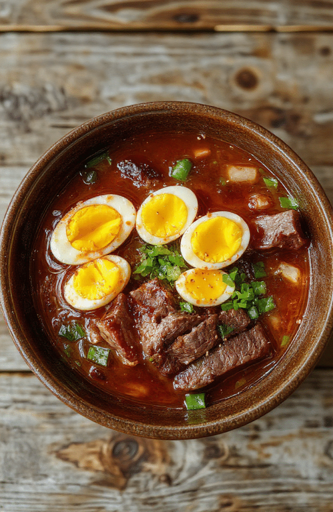 A steaming bowl of beef ramen on a rustic wooden table, topped with sliced beef, soft boiled eggs, green onions, and sesame seeds, with chopsticks resting on the side, vibrant colors, glossy broth, inviting and hearty presentation