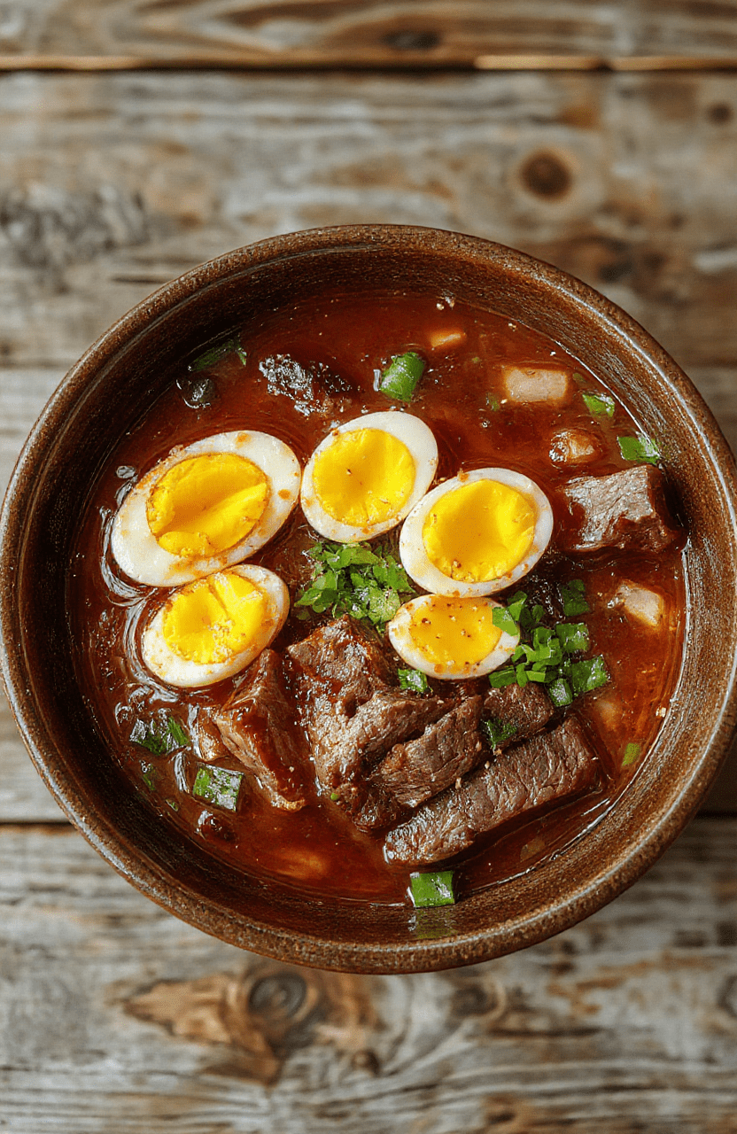 A steaming bowl of beef ramen on a rustic wooden table, topped with sliced beef, soft boiled eggs, green onions, and sesame seeds, with chopsticks resting on the side, vibrant colors, glossy broth, inviting and hearty presentation